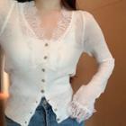 V-neck Lace Trim Knit Top / High Waist Wide Leg Pants