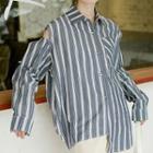 Cold-shoulder Striped Shirt Blue - One Size