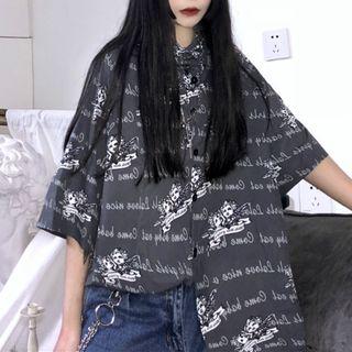 Short-sleeve Statue Print Shirt Dark Gray - One Size