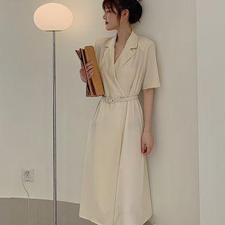 Single-button Short-sleeve Midi Collared Dress