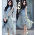 Set: Knit Vest + Long-sleeve Sheer Midi Dress