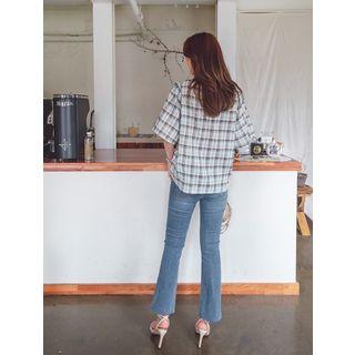 Drawstring-front Wide-sleeve Plaid Top