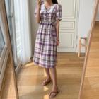 Lace-collar Plaid Dress Purple - One Size