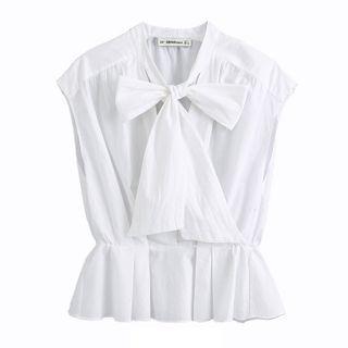 Sleeveless Tie-neck Frill Trim Blouse