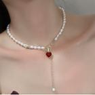 Faux Pearl Heart Necklace Red - One Size