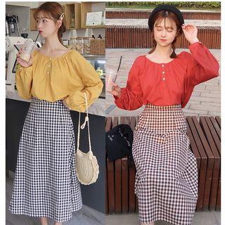 Puff Sleeve Shirt / A-line Midi Plaid Skirt