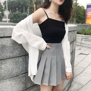 Set: Plain Spaghetti Strap Top + Pleated Mini Skirt + Light Jacket