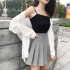 Set: Plain Spaghetti Strap Top + Pleated Mini Skirt + Light Jacket