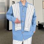 Long-sleeve Striped Panel Mock Two Piece Shirt