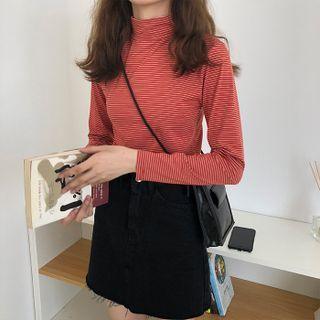 Mock-neck Striped Long-sleeve Top Striped - Tangerine - One Size