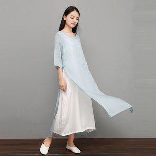 3/4-sleeve Slit Maxi Sheath Dress Light Blue - One Size