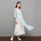 3/4-sleeve Slit Maxi Sheath Dress Light Blue - One Size