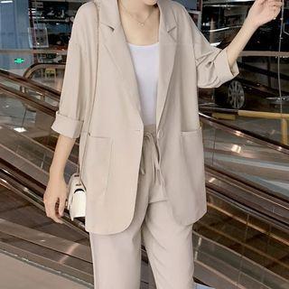 Set: Elbow-sleeve Single-button Blazer + Cropped Harem Pants