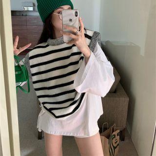 Long-sleeve Oversized T-shirt / Striped Sweater Vest