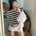 Long-sleeve Oversized T-shirt / Striped Sweater Vest