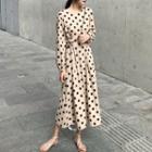 Long-sleeve Polka Dot Midi A-line Dress Dots - One Size
