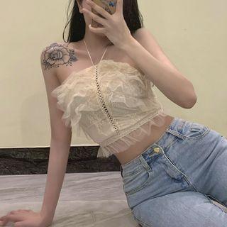 Lace Cropped Ruffle Halter Top Almond - One Size