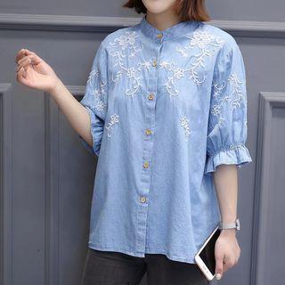 Elbow-sleeve Embroidered Denim Shirt