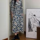Long-sleeve Floral Print Midi Dress Blue - One Size