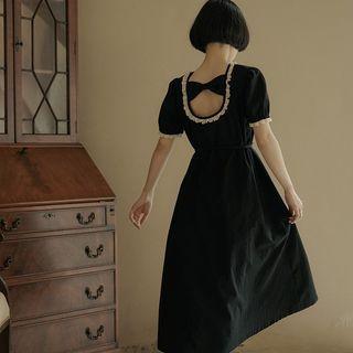 Short-sleeve Ribbon Cut-out Midi A-line Dress