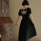 Short-sleeve Ribbon Cut-out Midi A-line Dress