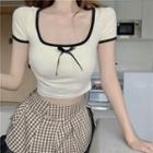 Short-sleeve Ribbon Top / Plaid Skirt