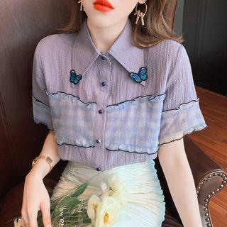 Short Sleeve Plaid Panel Butterfly Accent Shirt