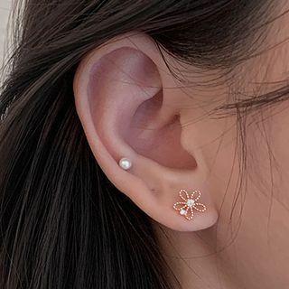 Rhinestone Flower Ear Stud With Earplugs - 1 Pc - Flower Earrings - Silver - One Size