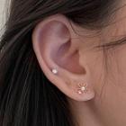 Rhinestone Flower Ear Stud With Earplugs - 1 Pc - Flower Earrings - Silver - One Size