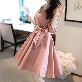 3/4-sleeve Wrap-front A-line Dress
