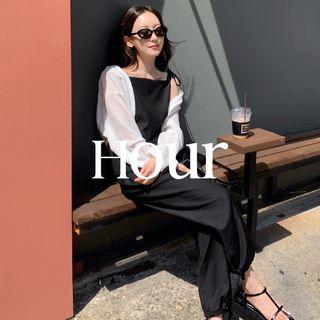 Set: Spaghetti-strap Top + Band-waist Jogger Pants Black - One Size