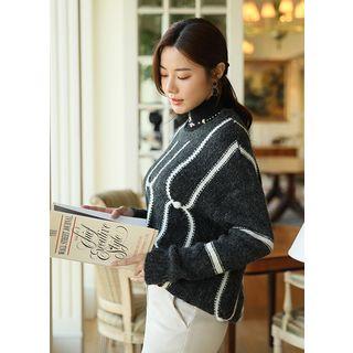 Contrast-trim Wool Blend Knit Top Charcoal Gray - One Size