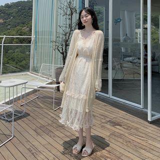 Lace Spaghetti Strap Midi A-line Dress / Open Front Long Cardigan