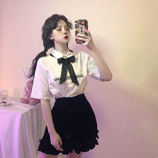 Short-sleeve Bow-accent Lettering Shirt/ Plain Ruffled Velvet Shorts