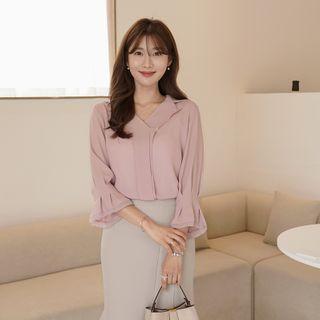 Flap-front Pintuck-cuff Blouse