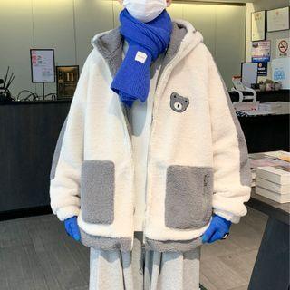 Two-tone Bear Embroidered Fleece Zip-up Hoodie