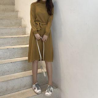 Turtleneck Knit Dress With Sash