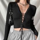 Long Sleeve Tie-front Cropped Knit Top Black - One Size