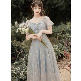Floral Short-sleeve Mesh Midi A-line Dress