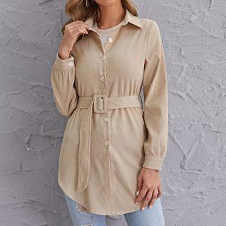 Long Sleeve Plain Corduroy Jacket With Belt