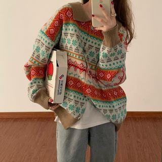 Patterned Collared Cardigan Off White - One Size