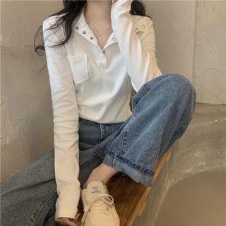 Plain Button-up Pocket Cropped Top