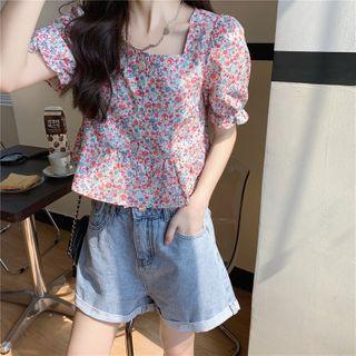 Square-neck Puff Short-sleeve Floral Print Blouse As Shown In Figure - One Size