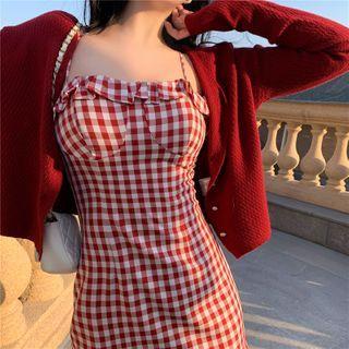 Spaghetti Strap Checked Frill Trim Mini Sheath Dress / Cardigan