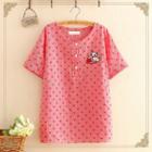 Cat Embroidered Heart Print Short-sleeve Blouse