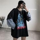 Mock Two-piece Print Long-sleeve T-shirt Gray Sleeve - Black - One Size