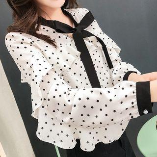 Contrast Trim Bow Accent Dotted Chiffon Blouse