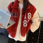 Lettering Embroidered Fluffy Button Jacket