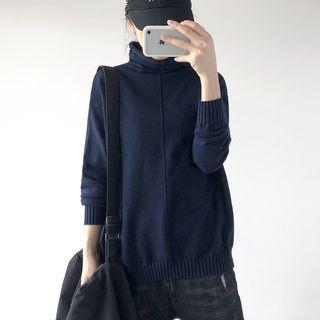 Plain Mock Neck Long-sleeve Sweater