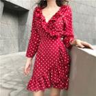 3 / 4-sleeve Ruffle-trim Dotted A-line Dress
